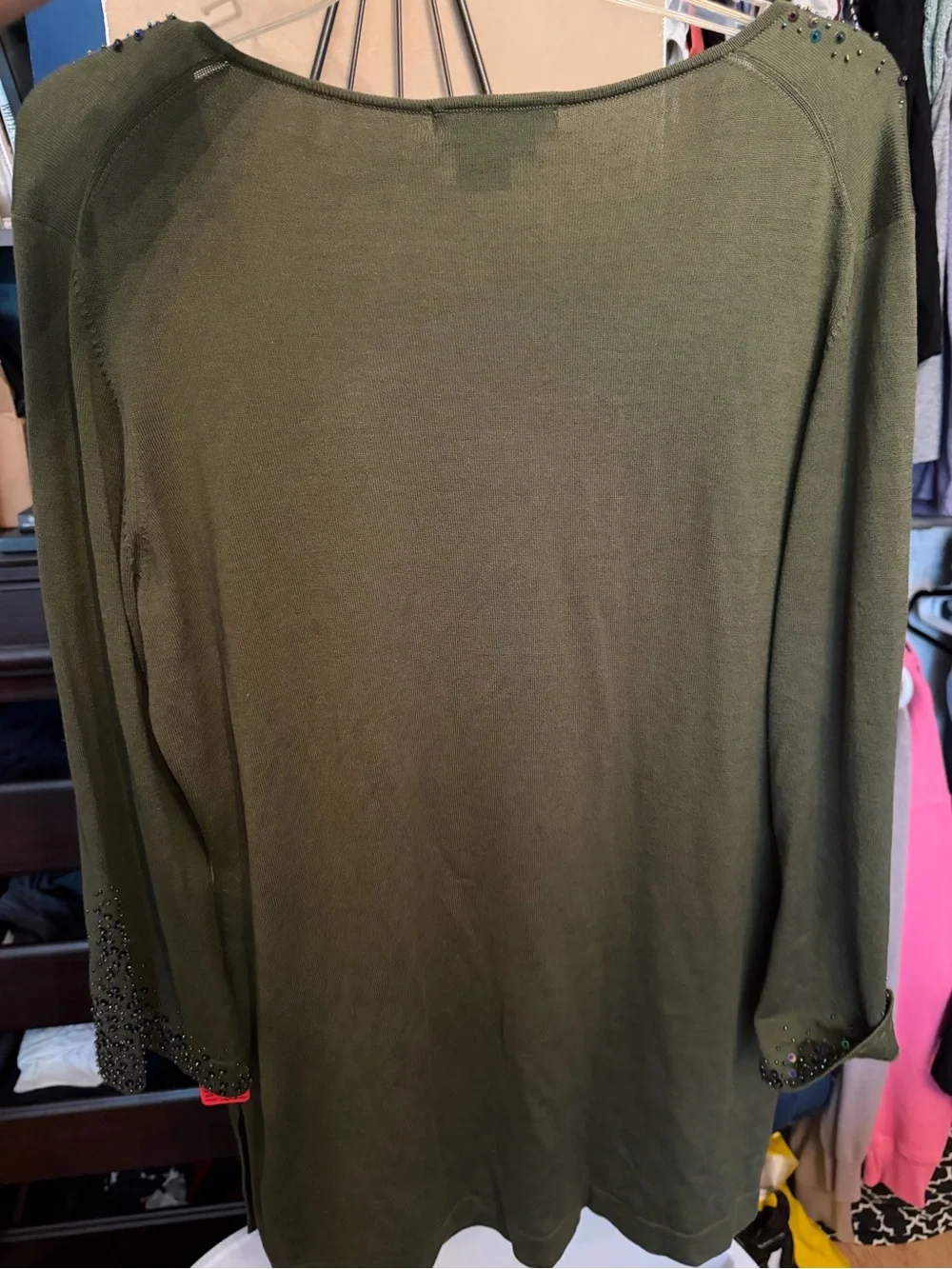 Karen Kane Olive Green Knit Top with Subtle Sheen - Picture 6 of 8